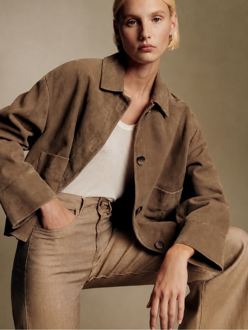 Sézane Suede Goat Leather Mia Button Boxy Jacket